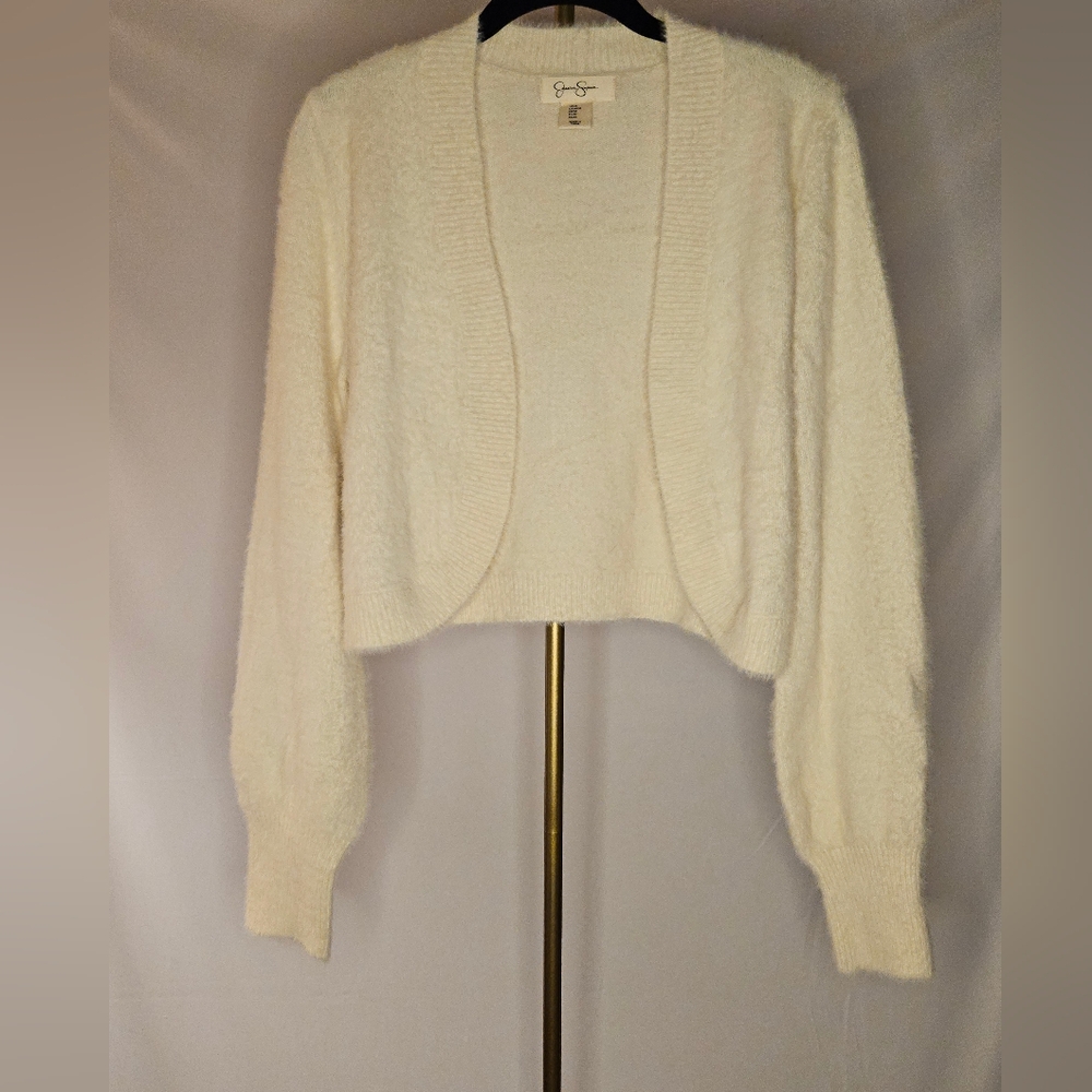Jessica Simpson Cream Fuzzy Eyelash Knit Cropped Cardigan & Tank Set